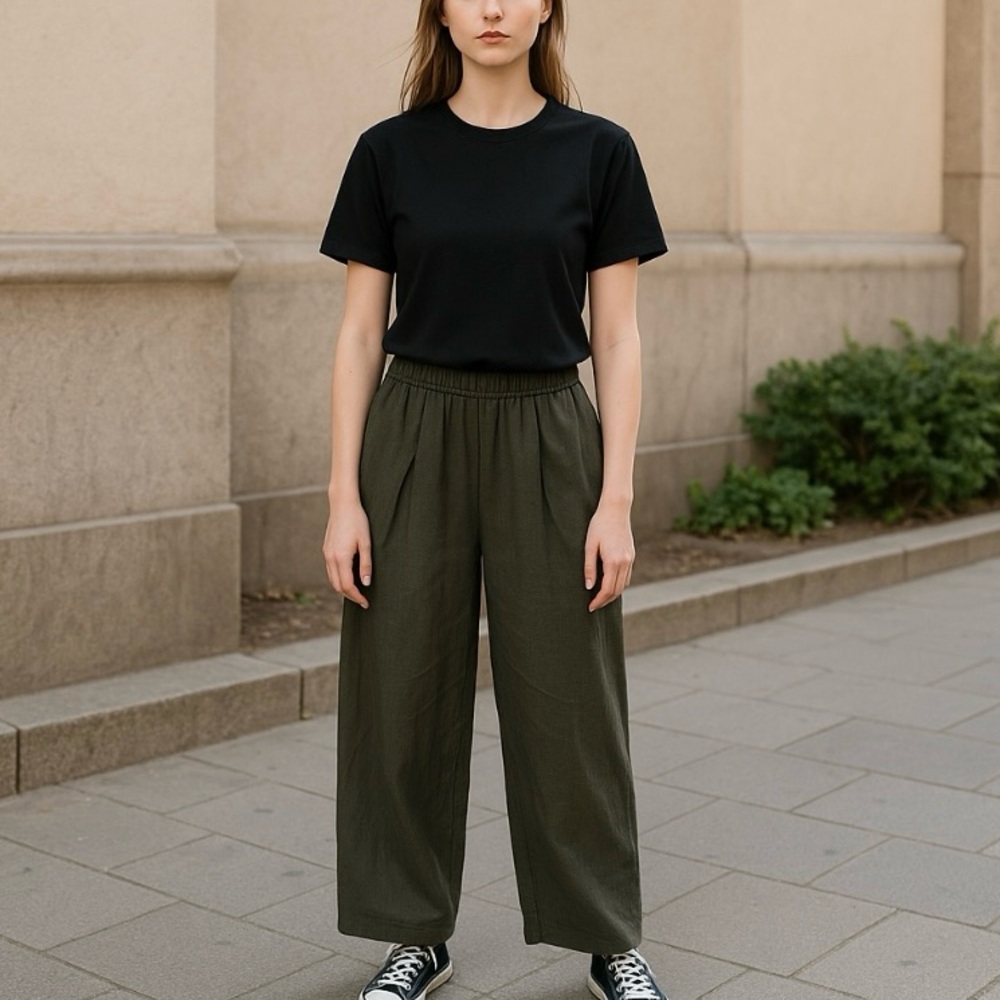 LA Blend Handmade Cropped Linen Pants In Olive Green | Size S